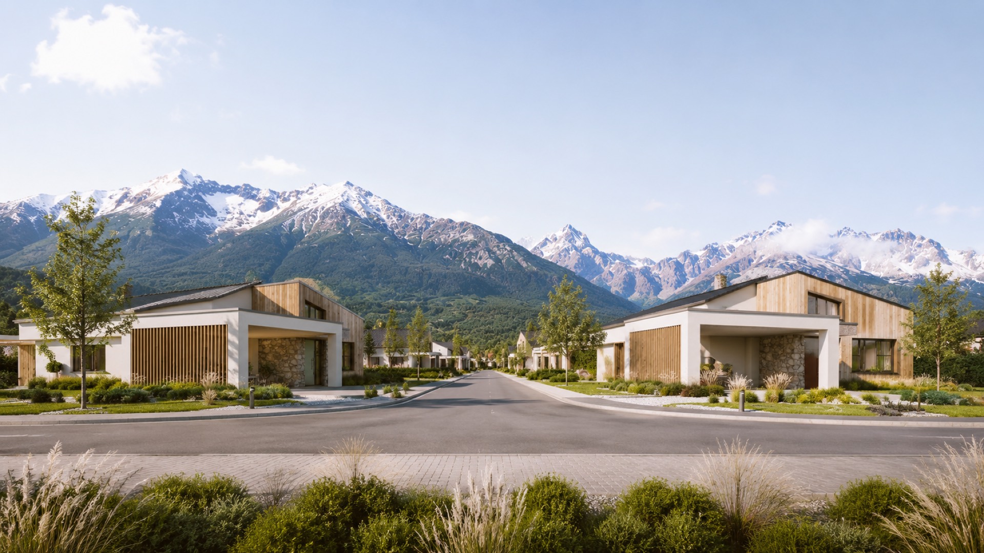 Rezidenčný projekt Topphem — ulica rodinných domov s výhľadom na Tatry